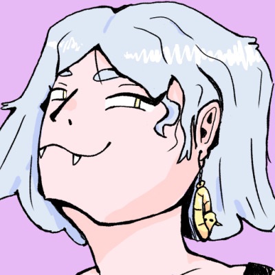 Image ID: A digital drawing of a silver-haired, fanged, smirking person wearing an ouroboros earring.' End ID.
